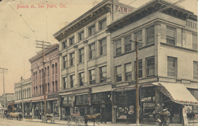 Beacon St. San Pedro, Cal. Postcard is postmarked Mar 12 San Pedro Cal 1908