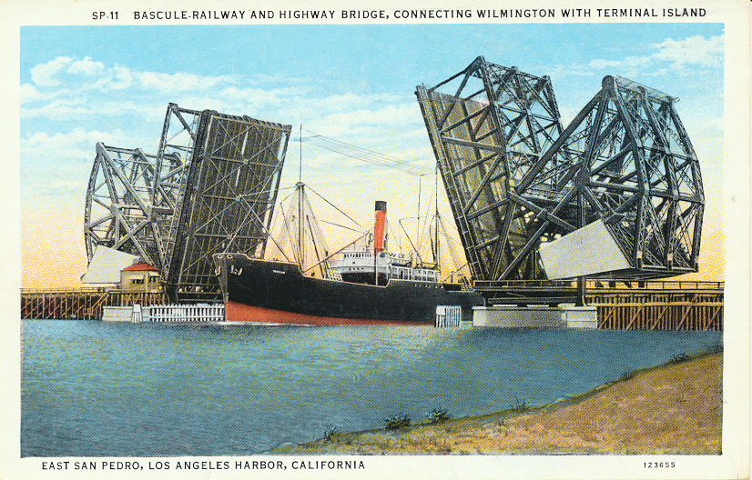 Bascule Railway and Highway Bridge, Connecting Wilmington With Terminal Island East San Pedro, Los Angeles Harbor, California.